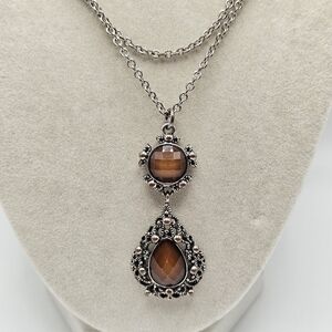 VINTAGE Ornate Victorian Style Faceted Teardrop Gunmetal Pendant Necklace